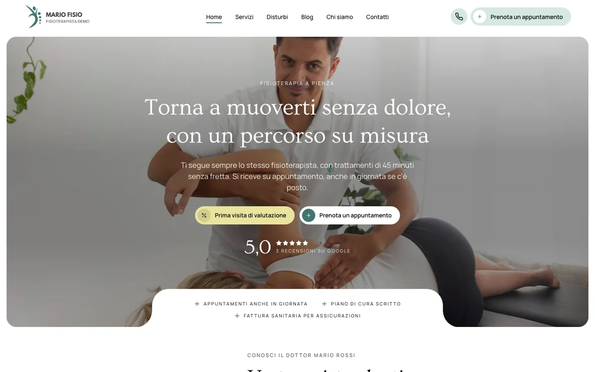 Fisioterapista: la home del sito di esempio