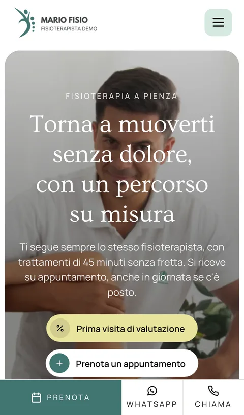 Il sito di esempio aperto su un telefono (Fisioterapista)