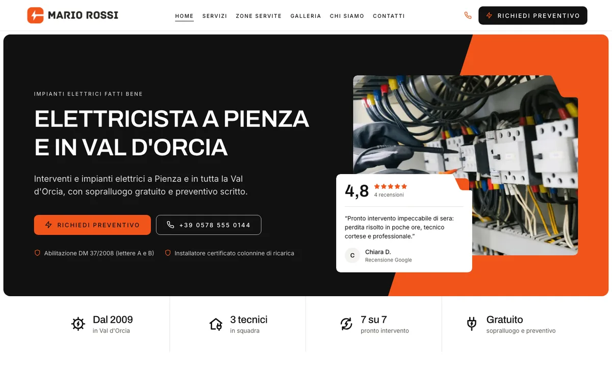 Elettricista: la home del sito di esempio