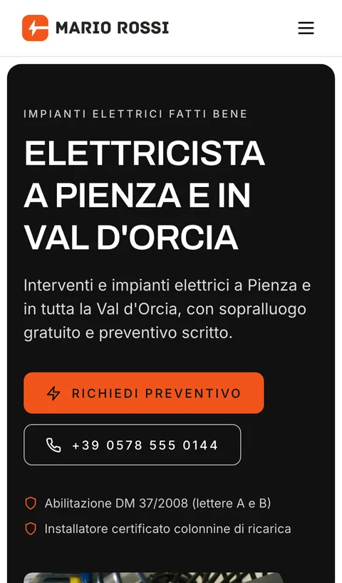 Il sito di esempio aperto su un telefono (Elettricista)
