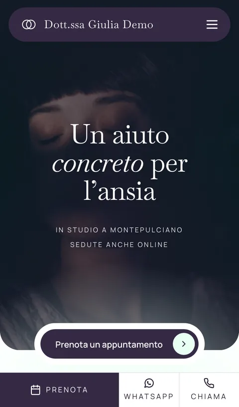 Il sito di esempio aperto su un telefono (Psicologa)